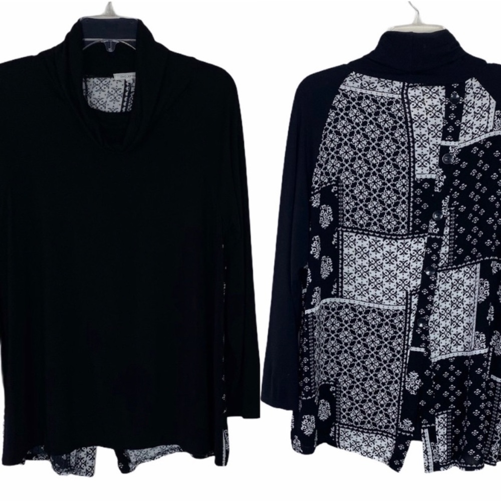 Ava James Black Blouse Patterned Button Down Back… - image 7